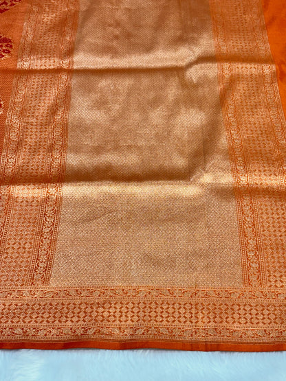 Banarasi Orange Pure Silk Brocade Saree – Luxurious Katan Silk with Intricate Brocade Weave