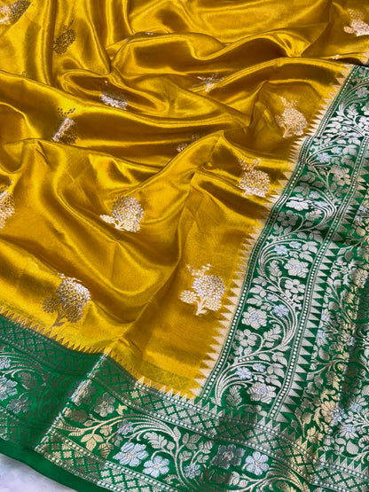 Pure Banarasi Soft Silk Saree – Yellow with Green Zari Border | Traditional Banarasi saree