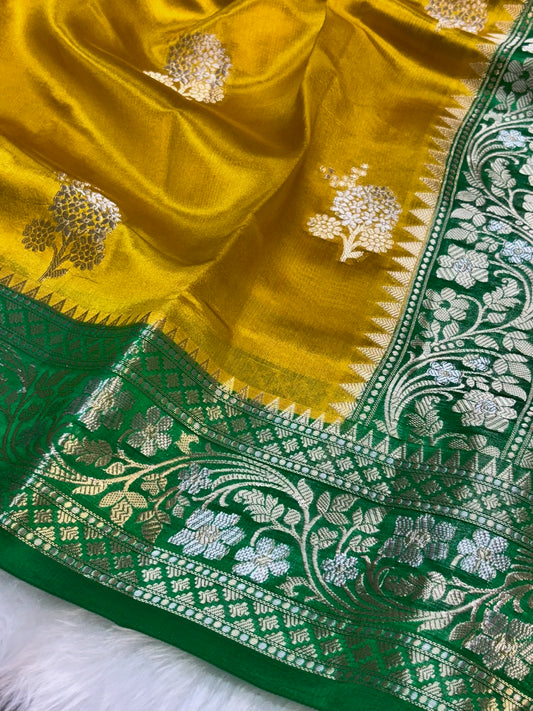 Pure Banarasi Soft Silk Saree – Yellow with Green Zari Border | Traditional Banarasi saree