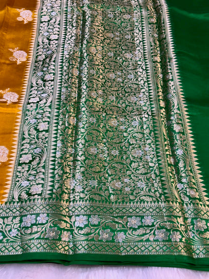 Pure Banarasi Soft Silk Saree – Yellow with Green Zari Border | Traditional Banarasi saree