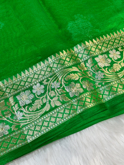 Pure Banarasi Soft Silk Saree – Yellow with Green Zari Border | Traditional Banarasi saree