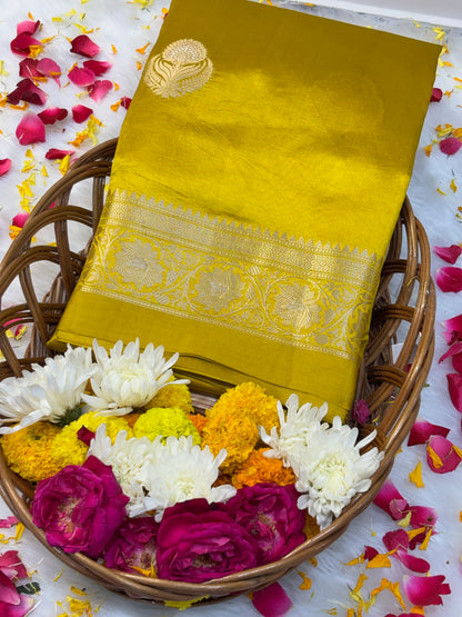Pure Banarasi Soft Silk Saree – Yellow| Traditional Banarasi saree