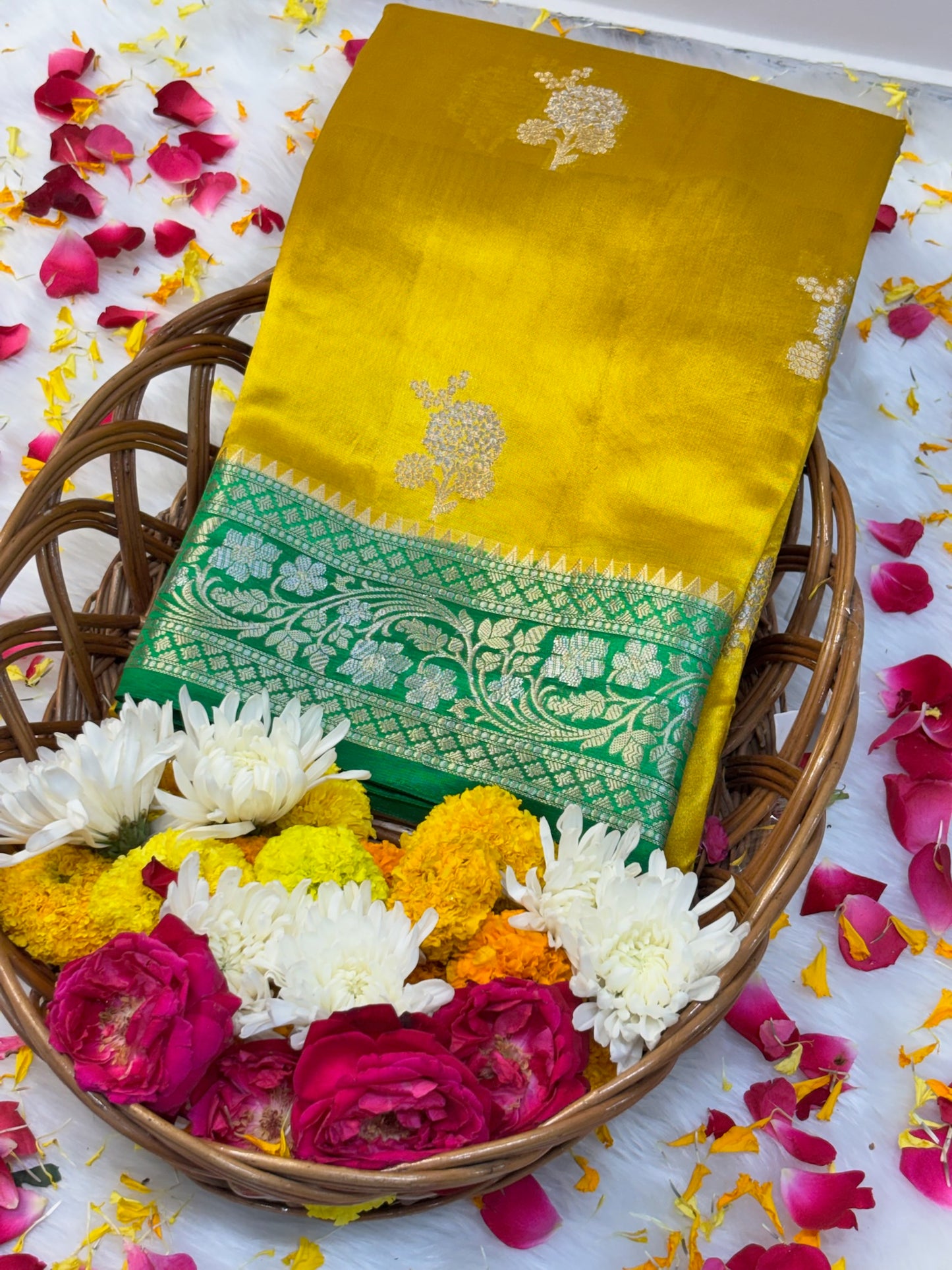 Pure Banarasi Soft Silk Saree – Yellow with Green Zari Border | Traditional Banarasi saree