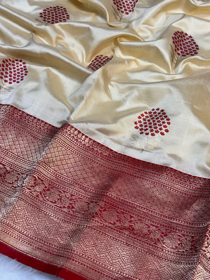 Pure Katan Silk Handwoven Banarasi Saree – Ivory Base with Rich Red Zari Border