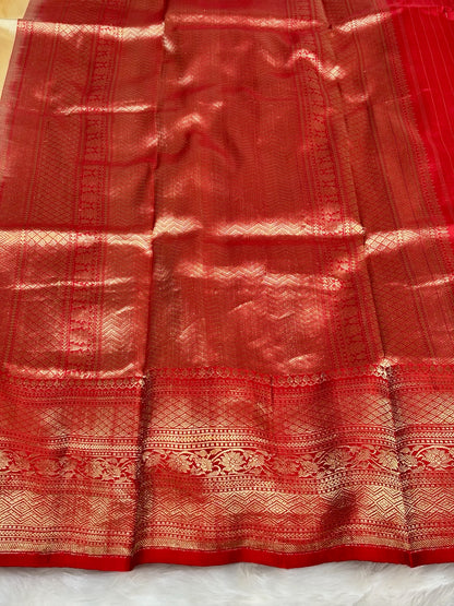 Pure Katan Silk Handwoven Banarasi Saree – Ivory Base with Rich Red Zari Border