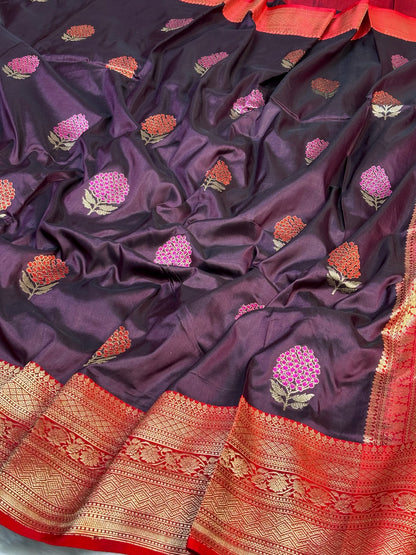 Pure Katan Silk Handwoven Banarasi Saree – Wine Base with Rich Red Zari Border