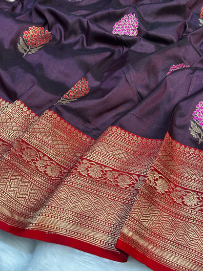 Pure Katan Silk Handwoven Banarasi Saree – Wine Base with Rich Red Zari Border