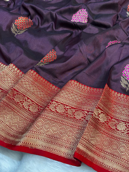 Pure Katan Silk Handwoven Banarasi Saree – Wine Base with Rich Red Zari Border