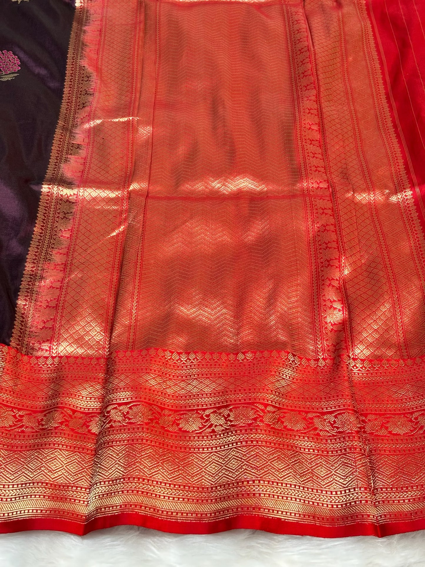 Pure Katan Silk Handwoven Banarasi Saree – Wine Base with Rich Red Zari Border