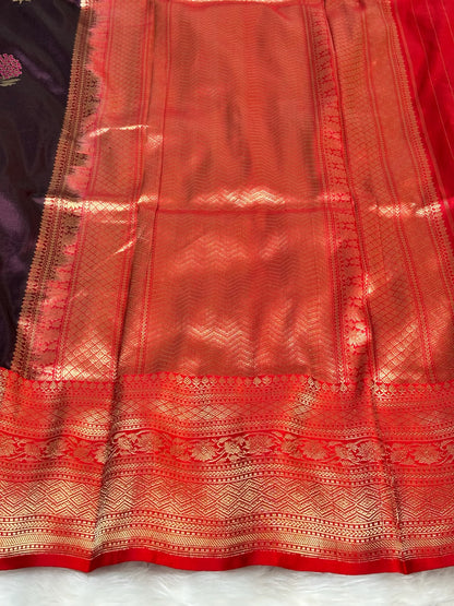 Pure Katan Silk Handwoven Banarasi Saree – Wine Base with Rich Red Zari Border