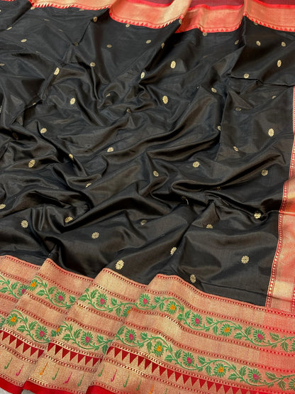 Pure Katan Silk Handwoven Banarasi Saree – Black Base with Rich Red Zari Border