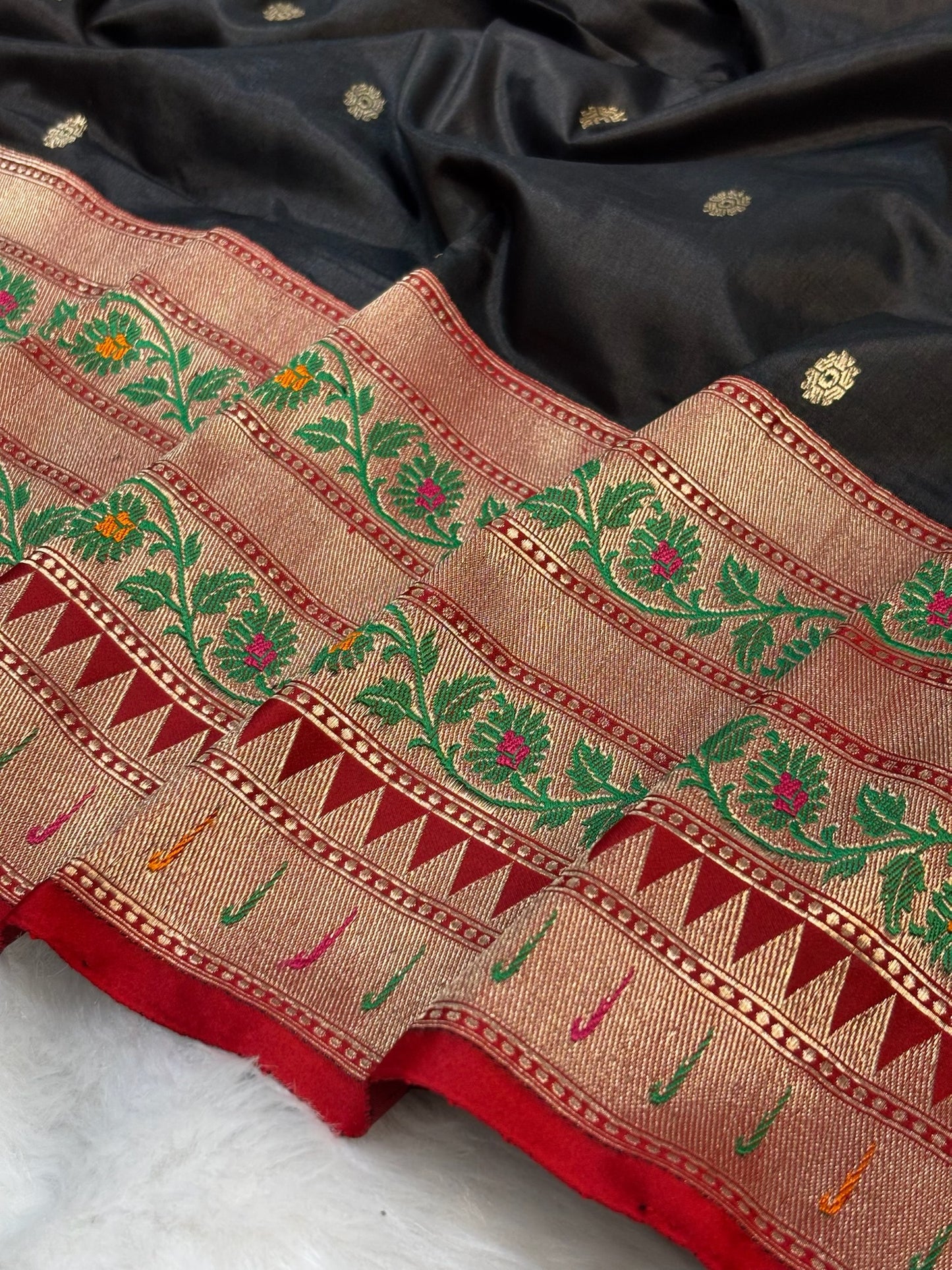 Pure Katan Silk Handwoven Banarasi Saree – Black Base with Rich Red Zari Border
