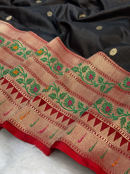 Pure Katan Silk Handwoven Banarasi Saree – Black Base with Rich Red Zari Border