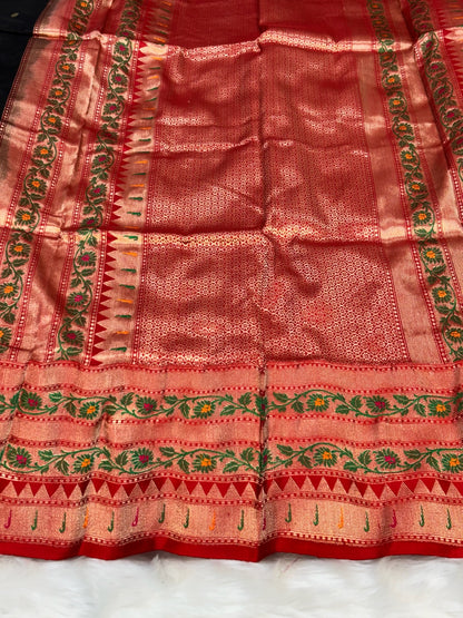 Pure Katan Silk Handwoven Banarasi Saree – Black Base with Rich Red Zari Border