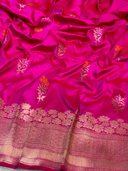 Pure Katan Silk Handwoven Banarasi Saree –Rani Pink  Base with Rich Red Zari Border