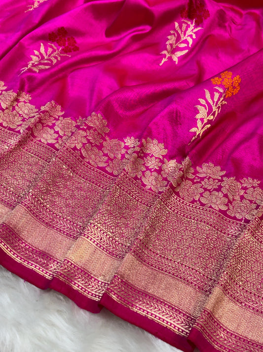 Pure Katan Silk Handwoven Banarasi Saree –Rani Pink  Base with Rich Red Zari Border