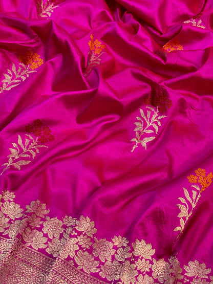 Pure Katan Silk Handwoven Banarasi Saree –Rani Pink  Base with Rich Red Zari Border