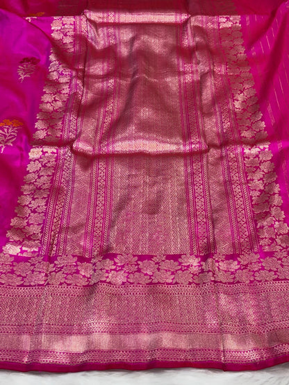 Pure Katan Silk Handwoven Banarasi Saree –Rani Pink  Base with Rich Red Zari Border