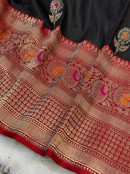 Pure Katan Silk Handwoven Banarasi Saree –  Black Base with Rich Zari Border