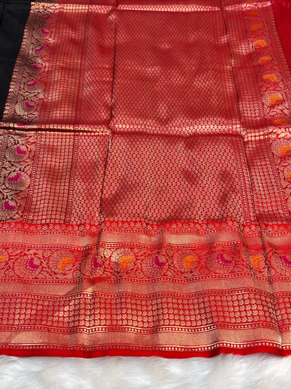 Pure Katan Silk Handwoven Banarasi Saree –  Black Base with Rich Zari Border