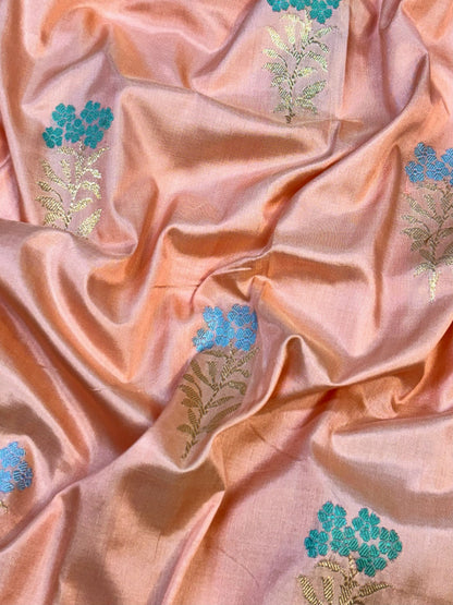 Pure Katan Silk Handwoven Banarasi Saree – Peach Gold Base with Rich Zari Border