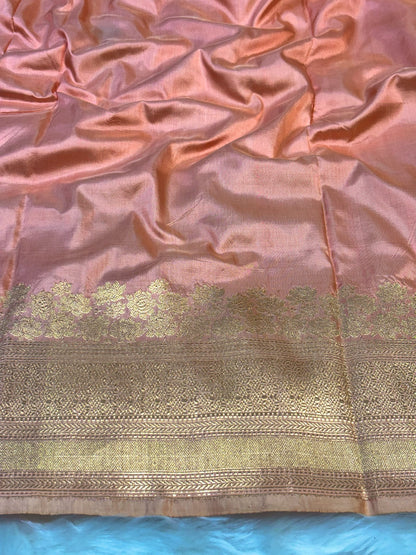 Pure Katan Silk Handwoven Banarasi Saree – Peach Gold Base with Rich Zari Border