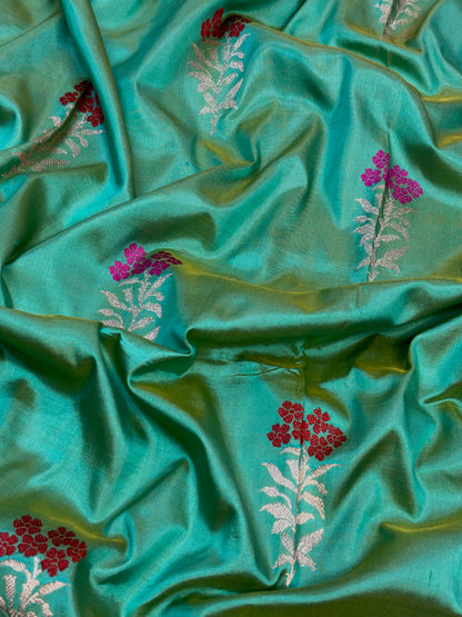 Pure Katan Silk Handwoven Banarasi Saree – Parrot Green Base with Rich Zari Border