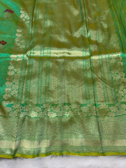 Pure Katan Silk Handwoven Banarasi Saree – Parrot Green Base with Rich Zari Border