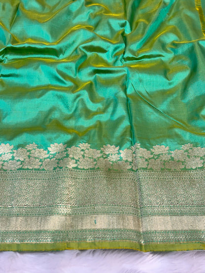 Pure Katan Silk Handwoven Banarasi Saree – Parrot Green Base with Rich Zari Border