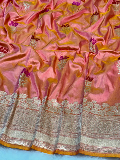 Pure Katan Silk Handwoven Banarasi Saree –  Peach Gold Base with Rich Zari Border