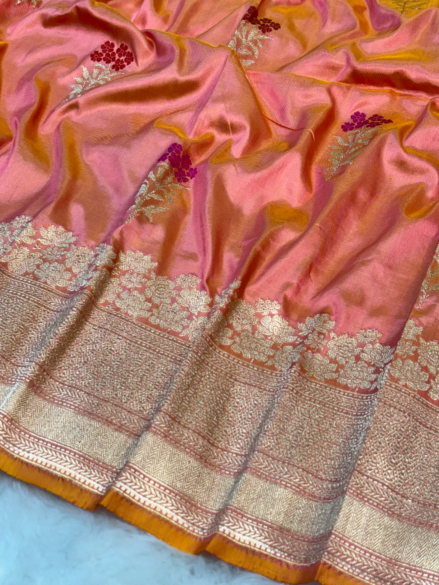 Pure Katan Silk Handwoven Banarasi Saree –  Peach Gold Base with Rich Zari Border
