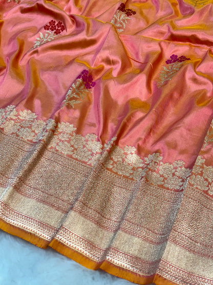 Pure Katan Silk Handwoven Banarasi Saree –  Peach Gold Base with Rich Zari Border