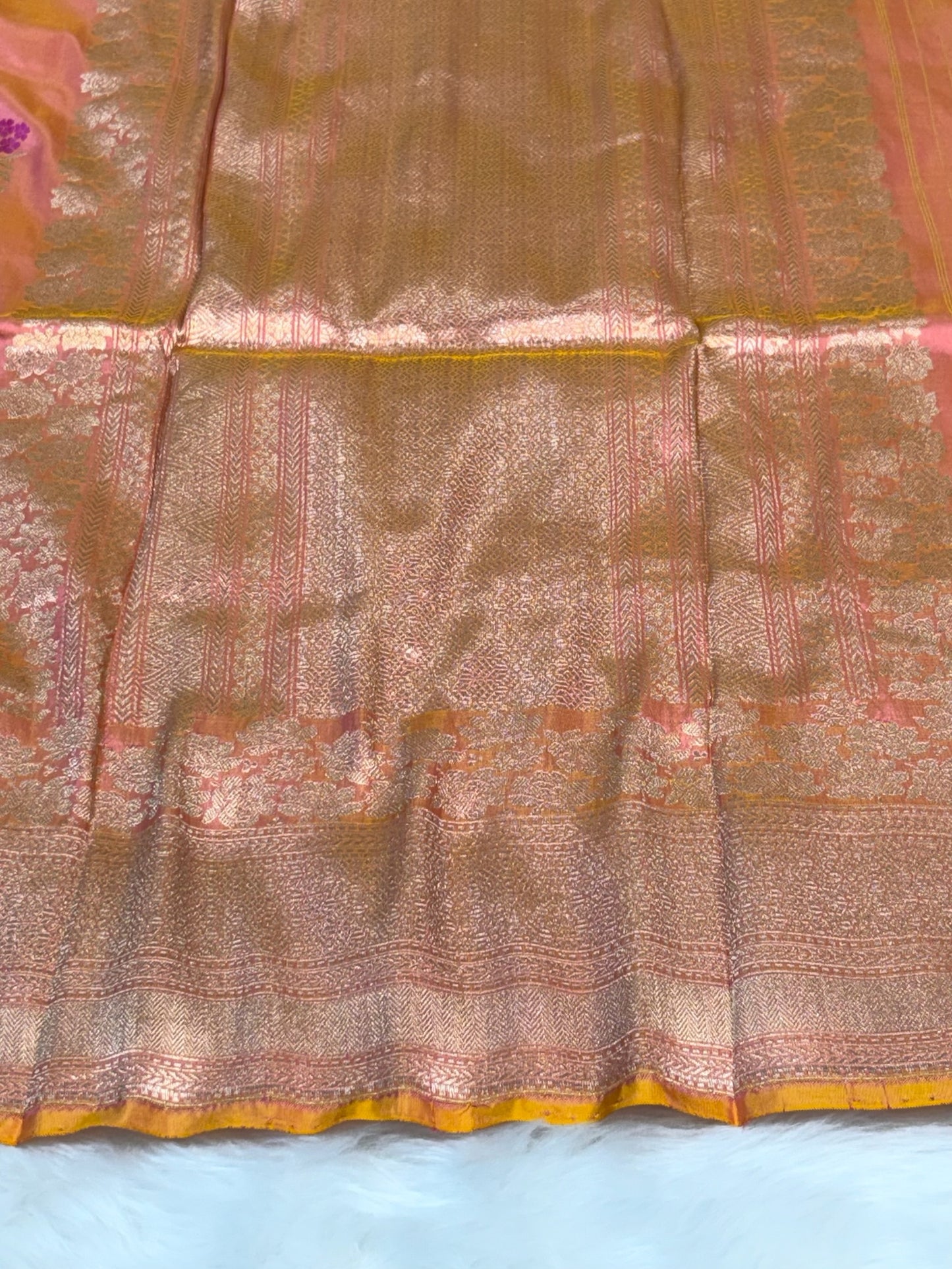 Pure Katan Silk Handwoven Banarasi Saree –  Peach Gold Base with Rich Zari Border