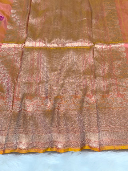 Pure Katan Silk Handwoven Banarasi Saree –  Peach Gold Base with Rich Zari Border