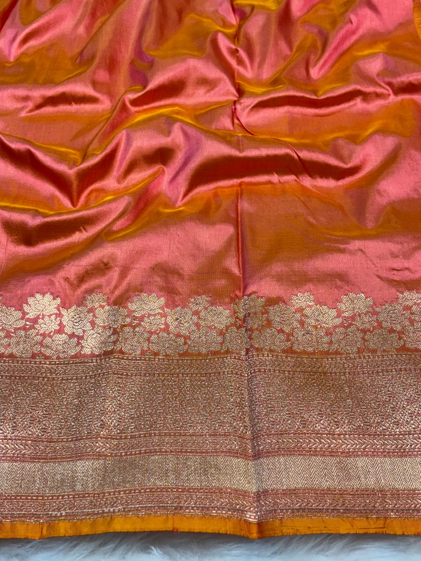 Pure Katan Silk Handwoven Banarasi Saree –  Peach Gold Base with Rich Zari Border