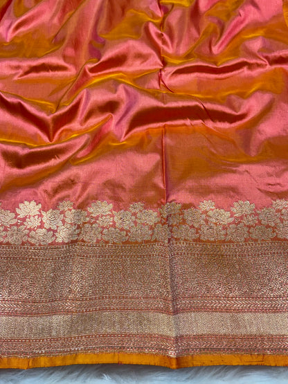 Pure Katan Silk Handwoven Banarasi Saree –  Peach Gold Base with Rich Zari Border