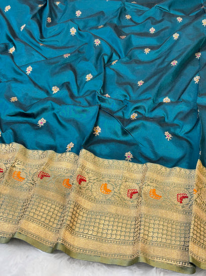 Pure Katan Silk Handwoven Banarasi Saree – Teal Green Base with Rich Zari Border