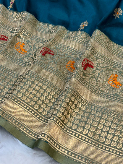 Pure Katan Silk Handwoven Banarasi Saree – Teal Green Base with Rich Zari Border