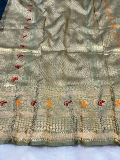 Pure Katan Silk Handwoven Banarasi Saree – Teal Green Base with Rich Zari Border