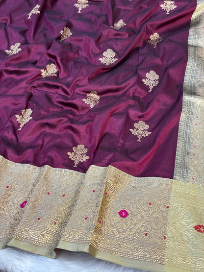 Pure Katan Silk Handwoven Banarasi Saree – Wine Base with Rich Zari Border