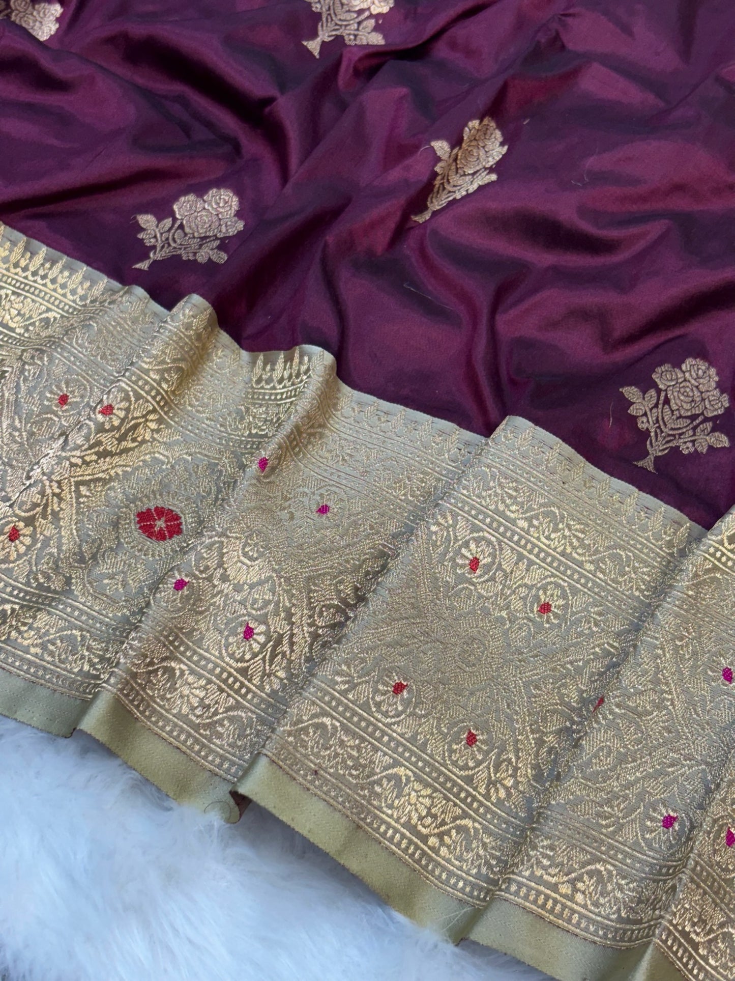 Pure Katan Silk Handwoven Banarasi Saree – Wine Base with Rich Zari Border