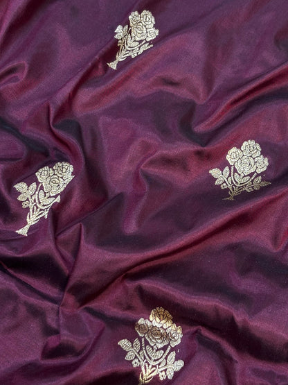 Pure Katan Silk Handwoven Banarasi Saree – Wine Base with Rich Zari Border