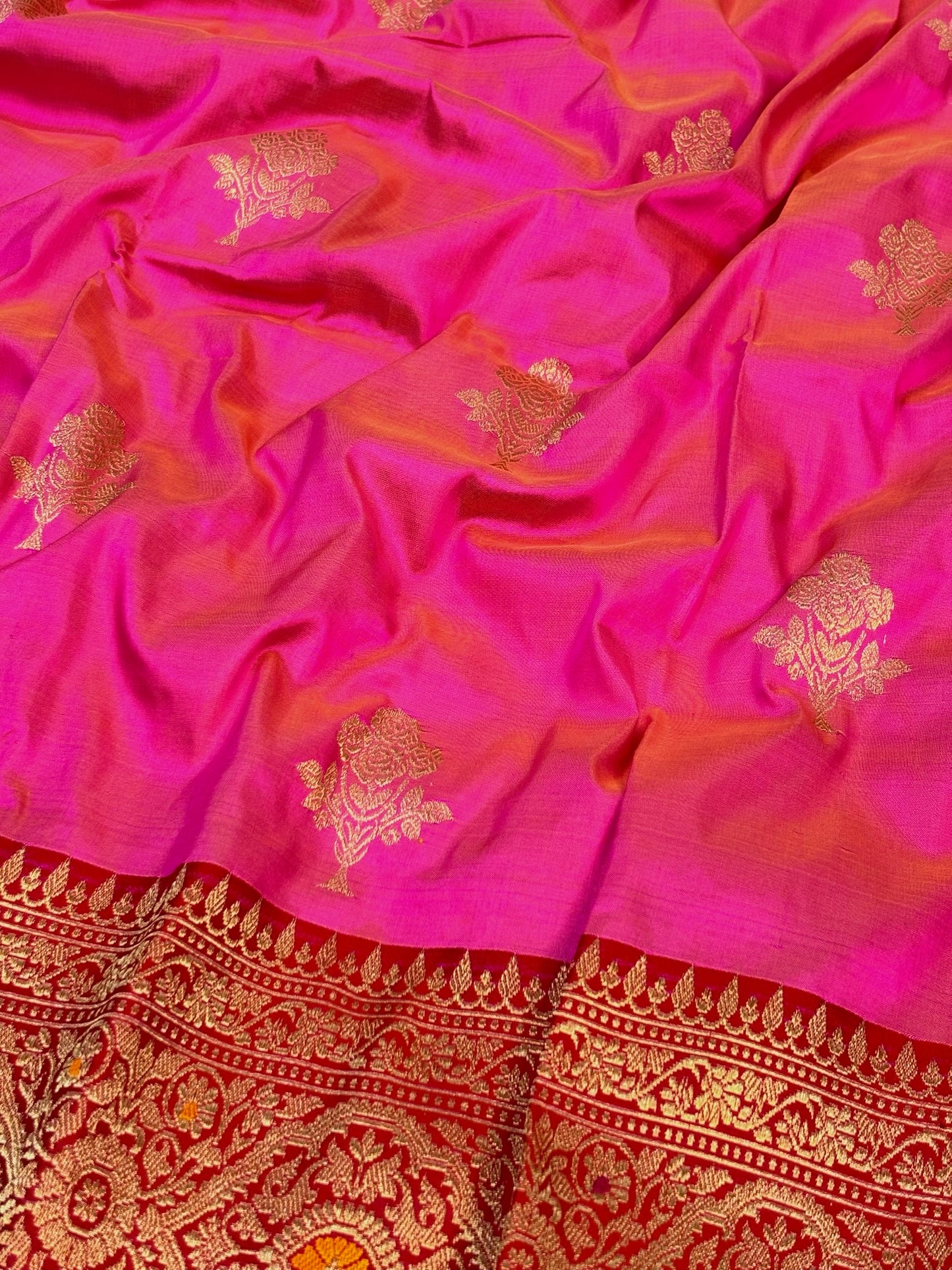 Pure Katan Silk Handwoven Banarasi Saree – Hot Pink Base with Rich Zari Border