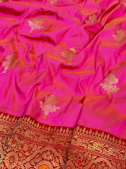 Pure Katan Silk Handwoven Banarasi Saree – Hot Pink Base with Rich Zari Border