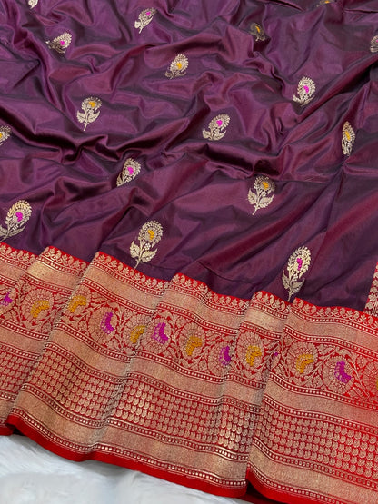 Pure Katan Silk Handwoven Banarasi Saree – Wine Base with Rich Zari Border
