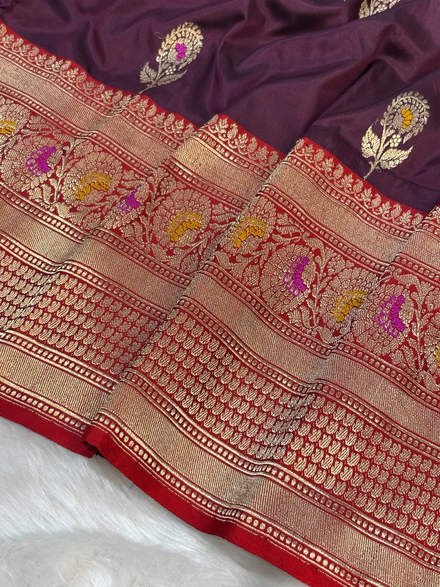 Pure Katan Silk Handwoven Banarasi Saree – Wine Base with Rich Zari Border