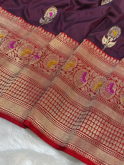 Pure Katan Silk Handwoven Banarasi Saree – Wine Base with Rich Zari Border