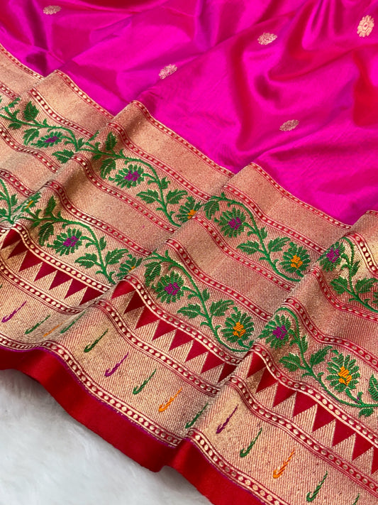 Pure Katan Silk Handwoven Banarasi Saree – Hot Pink Base with Rich Zari Border