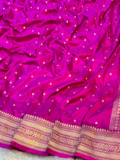 Pure Katan Silk Handwoven Banarasi Saree – Hot Pink Base with Rich Zari Border