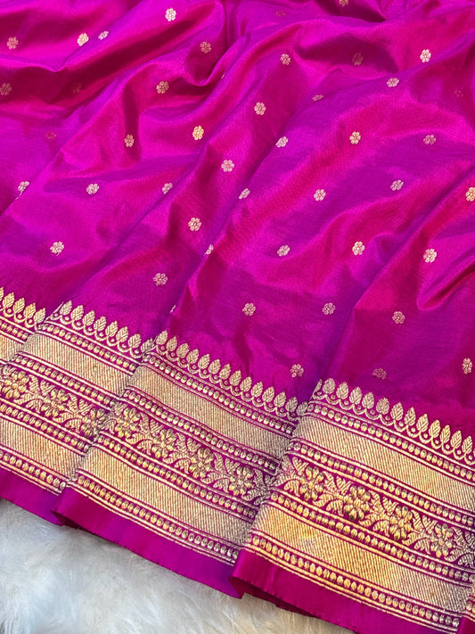 Pure Katan Silk Handwoven Banarasi Saree – Hot Pink Base with Rich Zari Border